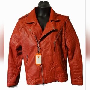 Men's Red Leather Biker Moto Jacket XXL NWT Mob Husband Grunge Revival
